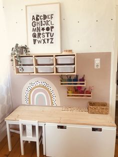 a child's playroom with toys and storage