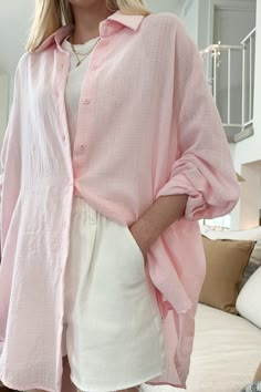 Soft Button Down Shirt Women, Oversized Feminine Outfit, Pink Button-up Blouse For Loungewear, Oversized Feminine Pink Top, Pink Loose Feminine Top, Oversized Pink Blouse With Button Closure, Oversized Pink Blouse With Buttons, Pink Buttoned Beach Blouse, Oversized Pink Casual Blouse