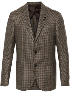 brown/multicolour virgin wool houndstooth pattern signature logo clip front button fastening notched lapels long sleeves faux buttoned cuffs chest welt pocket two patch pockets English rear vents partial lining internal jetted pocket curved hem Semi-formal Long Sleeve Brown Blazer, Brown Lapel Collar Blazer For Office, Brown Blazer With Lapel Collar For Office, Brown Blazer With Lapel For Office, Brown Tweed Jacket With Notch Lapel And Welt Pockets, Tailored Brown Tweed Jacket For Business, Business Casual Brown Tweed Jacket With Welt Pockets, Brown Flat Front Suits For Fall, Brown Flat Front Suit For Fall