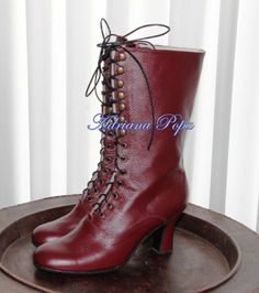 "Request a Custom Order and have something made just for you! This is an individual boot execution for wider feet, strong calf and narrow feet also. Beautiful Victorian/ French High Heel Boots inspired from 1900 boot style. Best Italian Burgundy colour leather. Lined with suede leather inside. Are issued by limited series. Mid calf height: height of the heel 2,5\" inch/ 7 cm length of the boot from the bottom of the sole (at the heel) to the top 10\" inch / 25 cm You can get remarkable and not e Victorian Boots With Leather Sole And Round Toe, Gothic Boots With Laces And Round Toe, Gothic Round Toe Boots With Laces, Victorian Leather Boots With Round Toe, Victorian Round Toe Boots For Fall, Victorian Lace-up Boots With Leather Sole, Victorian Style Round Toe Boots For Fall, Gothic Lace-up Boots For Formal Occasions, Granny Boots