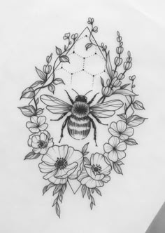 a drawing of a bee surrounded by flowers and leaves with a diamond in the middle