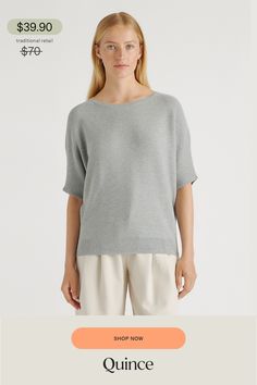 Sweaters  | Quince | Women's Lightweight Cotton Cashmere Link-Stitch Dolman Sweater in Heather Grey, Size Large, Organic Cotton Silk Pajamas Shorts, Dolman Sweater, Boyfriend Cardigan, Dolman Sleeve Sweater, Silk Pajamas, Cotton Sweater, Dolman Sleeve, Quince, Effortless Style