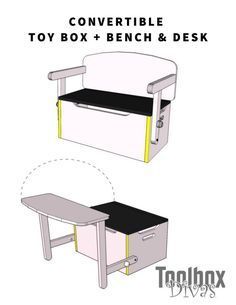 an image of a toy box bench and desk with the top open, side view