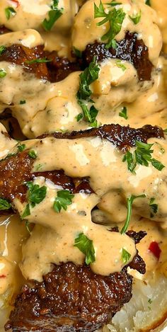 steak covered in gravy and garnished with parsley