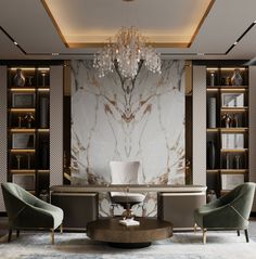 a living room filled with furniture and a chandelier hanging from the ceiling over a table