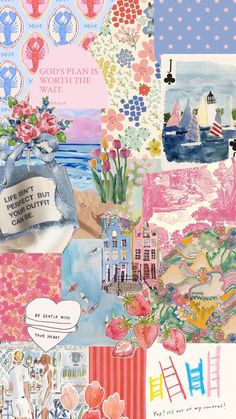 a collage with many different pictures and words on it's side, including flowers