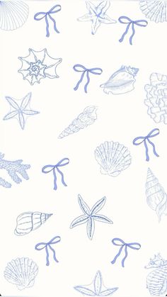 an image of seashells and starfish in blue ink on white paper with ribbon