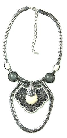 Musk-Silver, Cream Grey drop necklace.  A real showstopper, this statement-making necklace takes the mantra more is more, with antiqued silver chains, pearlized accents and an exotic, Moroccan-influenced pendant. The beauty of a piece like this is how easy dressing becomes; keep the rest of your look the simpler, the better and let the necklace speak for itself! http://www.byariane.com.au/Sistaco-Musk More Is More, Open Neck, Silver Chains, Easy Dressing, How To Make Necklaces, Simple Dresses