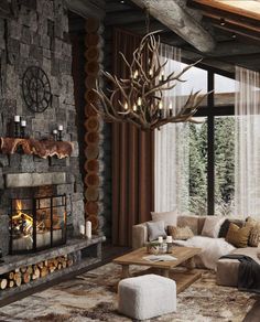 a living room filled with furniture and a fire place in front of a stone fireplace