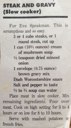 a recipe for steak and gravy is shown on a piece of white paper