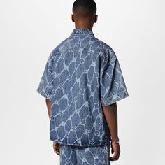 LOUIS VUITTON® - Monogram Printed Short-sleeved Denim Shirt - Indigo Short Sleeve Denim Shirt, Golden Dome, Spring Sandals, Stole Scarf, Men Store, Leather Denim, Louis Vuitton Official, Knitwear Dress, Buckle Shoes