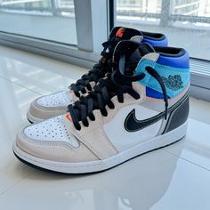 - Worn 4 Times - Comes With Black, Orange, Blue, And White Laces - Price Reflects Condition - Shoe Colors: Beige, White, Black, Orange, Blue, Light Blue Product Description: Jordan Brand Encourages Sneaker Customization With The Air Jordan 1 Prototype. With A Perforated Line Separating The Collar From The Rest Of The Upper, The Air Jordan 1 Prototype Can Be Worn As A High-Top Or Low-Top If You Choose To Safely Cut The Collar Away. White Leather Construction With Multicolor Leather And Durabuck Overlays Further Amplify The Diy Appeal Of The Design. Sneaker Customization, Jordan 1 High Og, Jordan 1 High, Jordans For Men, Air Jordan 1, Black Orange, Blue Cream, Jordan Shoes, Mens Shoes Sneakers