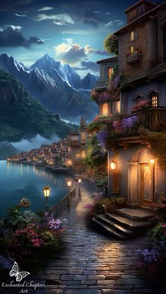 an image of a beautiful night scene with mountains and flowers on the water's edge