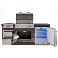 an outdoor kitchen with refrigerator, stove and sink in the center is shown on a white background