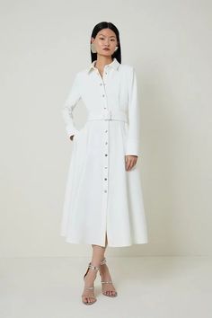 Tailored Compact Stretch Belted Shirt Dress | Karen Millen Classic Belted Shirt Dress For Semi-formal Occasions, Classic Button-up Shirt Dress For Formal Occasions, Elegant A-line Shirt Dress With Button Closure, Knee-length Belted Shirt Dress For Semi-formal, Classic A-line Belted Dress For Formal Occasions, Elegant Shirt Dress With Button Closure And Spread Collar, Luxury Collared Formal Dress, Elegant Belted Shirt Dress For Daywear, Luxury Collared Dress For Formal Occasions