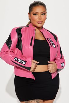 Available In Pink. Fitted Jacket Faux Leather Patches Full Zip Closure Colorblock Shell1: 55% Polyester 45% PU Shell2: 100% Polyester Lining: 100% Polyester Imported | Boom Boom Fitted Jacket in Pink size XS by Fashion Nova Trendy Patchwork Leather Jacket For Spring, Trendy Fitted Color Block Outerwear, Pink Biker Jacket For Fall Streetwear, Fitted Jacket, Service Women, Boom Boom, Jean Top, Jeans Jumpsuit, Workout Jacket