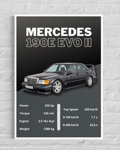 the mercedes s - class poster is displayed on a white brick wall with black background