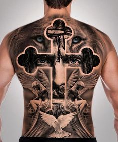 the back of a man's body with tattoos on it and an image of jesus