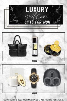 the luxury gift guide for mom is on display in front of a marble background with black and