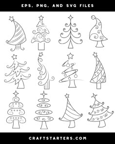 christmas trees with stars and swirls in black and white