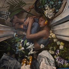 a painting of two people embracing each other with flowers in their hair and shoes on the ground