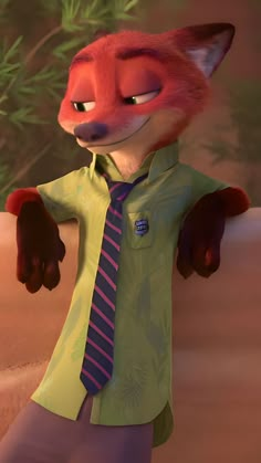 an animated fox wearing a tie and green shirt