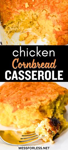 chicken cornbread casserole on a white plate with a fork and text overlay that reads chicken cornbread casserole