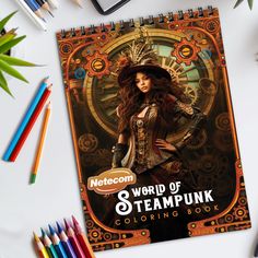 a spiral notebook with an image of a woman in steampunk clothing on it