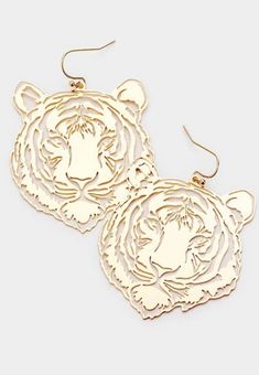 Metal earrings that are tigers in three colors Go Tigers, Tiger Earrings, Gold Tiger, Football Earrings, Easter Earrings, Bunny Earrings, Face Earrings, Fan Earrings, Animal Earrings