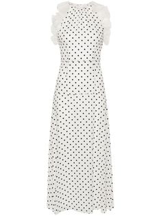 white/black silk georgette crepe polka-dot pattern with flocking detail round neck sleeveless ruffled detailing seam detailing full lining long length straight hem concealed rear hook and zip fastening Alessandra Rich Dresses, Rich Dresses, Rich Clothes, Maxi Dress White, Polka Dot Maxi Dresses, Spotted Dress, Alessandra Rich, Belted Jacket, Dolce E Gabbana