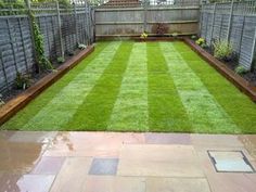 a backyard with green grass and wooden fence