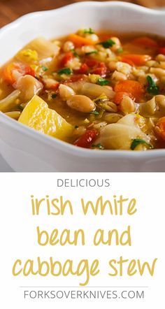 delicious irish white bean and cabbage stew in a bowl with text overlay that reads delicious irish white bean and cabbage stew