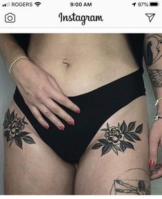 Old School Stomach Tattoo, Old School American Traditional Tattoos, Symmetric Tattoos, American Traditional Hip Tattoo, Thigh Tattoo Traditional, Hip Floral Tattoo, Hip Tats, Positivity Tattoo, 21 Tattoo