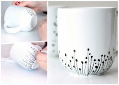 three pictures show the process of painting a coffee mug with black and white flowers on it