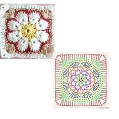 two crocheted squares with different colors and designs on the sides, one has a flower in the center