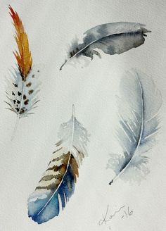 three watercolor feathers are shown in different colors