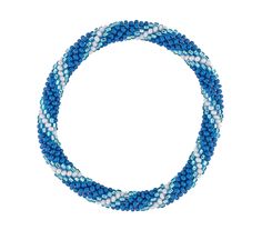 a blue and white beaded bracelet on a white background