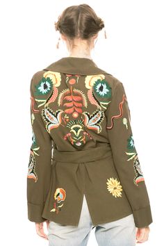 Embroidered beaded convertible collar jacket with belt and belt loops Army Dry clean only 100% cotton 57794.7623ETD Duster Dress, Convertible Collar, Maxi Kimono, Texas Shirts, Army Jacket, Collar Jacket, Embroidered Clothes, Signature Look, Dry Clean Only