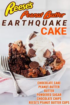 the cover of reese's peanut butter earthwake cake is on a plate with a fork