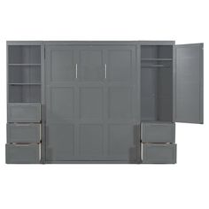 an open gray cabinet with drawers and two doors on the front, side by side