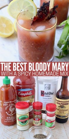 bloody mary in glass with skewer of cooked bacon and bloody mary ingredients on white wood board Bloodymary Cocktail Recipe, Mary Makes It Easy Recipes, Clamato Recipe, Vegetable Juice Recipes, Yummy Alcoholic Drinks, Mixed Drinks Recipes, Cocktail Recipes Easy, Cocktail Drinks Recipes, Mocktail Recipe