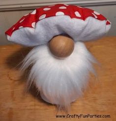 a close up of a gnome's hat on a table