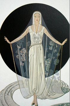 a drawing of a woman in a white dress with her hands on her hips, holding an umbrella