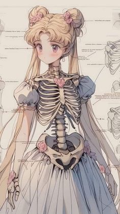 a drawing of a skeleton girl in a dress