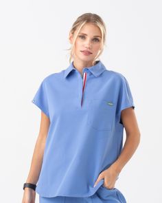 Ceil Blue Housekeeping Uniform, Medical Outfit, Collared Top, Collars For Women, Water Resistant Fabric, Professional Look, Shoulder Design, Scrub Tops, Top Sales