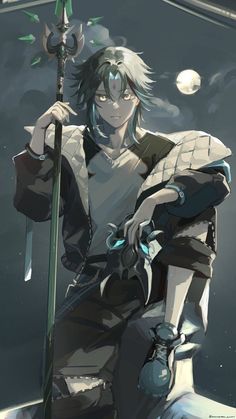 an anime character sitting on top of a boat with a spear in his hand and wearing armor