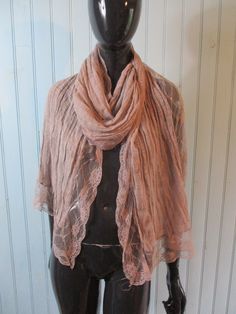 Vintage  cotton \ lace wrap or scarf.  Can be worn in lots of ways. A pretty mushroom colour. Dimensions: Length: 86 Inches.    Width: 16 Inches. Made in France Boho Scarf, Pink Scarf, Boho Scarfs, Lace Wrap, Pink Scarves, Lace Scarf, Vintage Scarf, Vintage Cotton, Cotton Lace