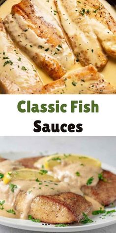 two pictures with different types of fish in sauces on them and the same image has been