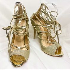 Reposhing. Shoe Completely Different Than Advertised Not Even Close To Desired Item. Pics Used Potentially Were High End Brand So To Prevent A 2nd Disappointed Buyer, As I Always Do, Pics Of Actual Shoe Posted. Metallic Gold Glitter Peep Toe Strappy Lace Up Heel. Heel Height: 4in. Laces Are High Quality Coated In Metallic Gold. Comes With Box And 2 Dust Bags, 1 Per Shoe. Gold Lace-up Sandals For Evening, Gold Lace-up Heels For Evening, Gold Lace-up Heels For Formal Occasions, Glamorous Lace-up Heels For Formal Occasions, Glamorous Lace-up Heels For Formal Events, Glamorous Formal Lace-up Heels, Gold Lace Up Heels, Green High Heels, Snake Print Shoes