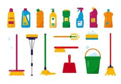 various cleaning products are arranged on a white background, including brooms and mop